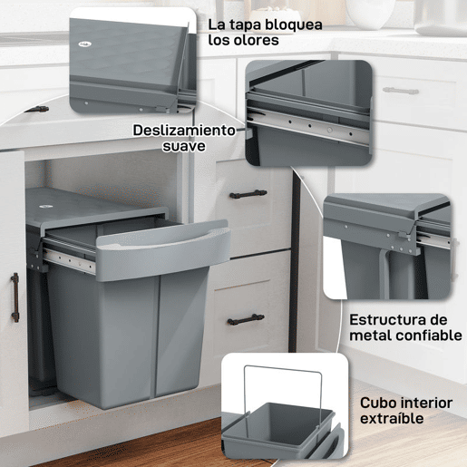 HOMCOM Balde do Lixo Sob o Balcão Caixote do Lixo de Cozinha 2 Contentores de Reciclagem Removíveis 2 x 20 L Deslizamento Suave Pega Tampa com Padrão de Diamante Cinzento