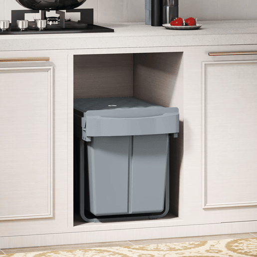 HOMCOM Balde do Lixo Sob o Balcão Caixote do Lixo de Cozinha 2 Contentores de Reciclagem Removíveis 2 x 20 L Deslizamento Suave Pega Tampa com Padrão de Diamante Cinzento