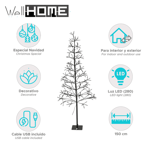 Árvore de Natal em formato de A da Well Home com 12 galhos e 280 luzes LED - 150 cm de altura