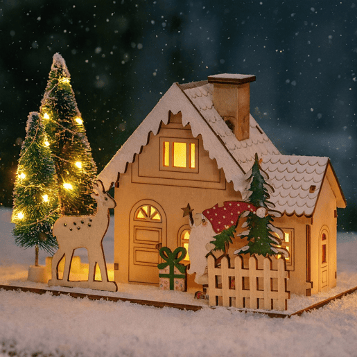 Casa de Natal Decorativa com 11 Luzes LED Brancas Quentes 12,5x20x10cm - 2 Desenhos (Variados)