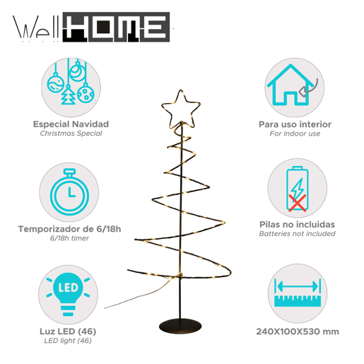 Árvore de Natal decorativa de metal preto Well Home com estrela e 46 luzes LED e temporizador 53x24x10cm