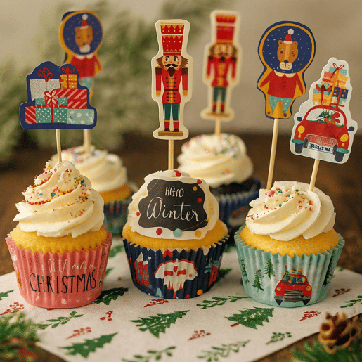 Conjunto de 72 cupcakes de Natal - 36 copos de papel e 36 palitos decorativos com desenhos natalinos