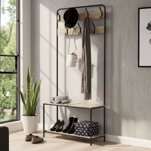 Cabideiro de entrada com 2 prateleiras e 7 cabides em carvalho cambriano e preto 80x170x30 cm melamina e metal