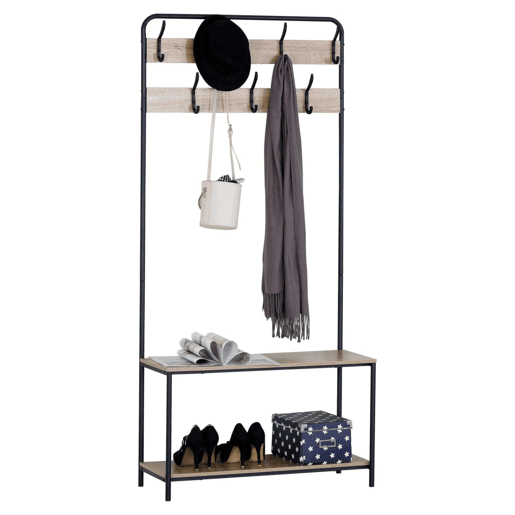Cabideiro de entrada com 2 prateleiras e 7 cabides em carvalho cambriano e preto 80x170x30 cm melamina e metal
