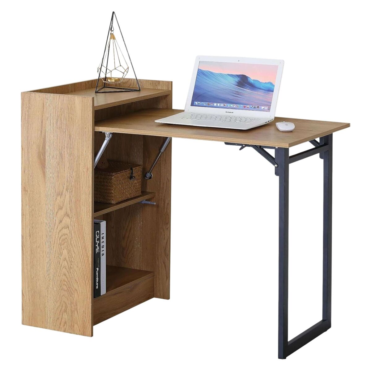 Mesa escritorio plegable con estantería kiri oficina roble cambrian y negro con 2 estantes 102x86x58 cm