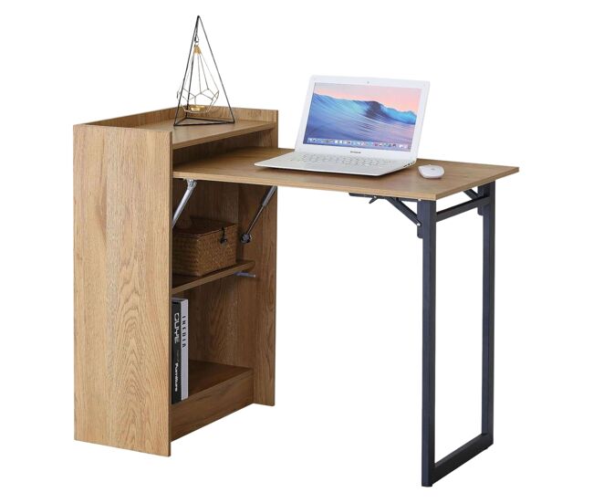 Mesa escritorio plegable con estantería kiri oficina roble cambrian y negro con 2 estantes 102x86x58 cm