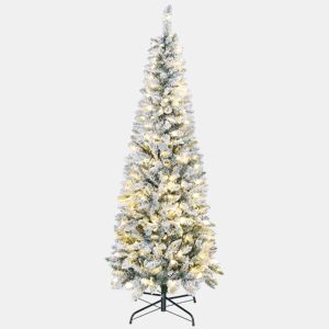 HOMCOM Árvore de Natal Estreita 180 cm Árvore de Natal Nevada com Luzes LED Bicolores 11 Modos de Iluminação 479 Ramos Suporte Metálico Montagem Fácil Verde