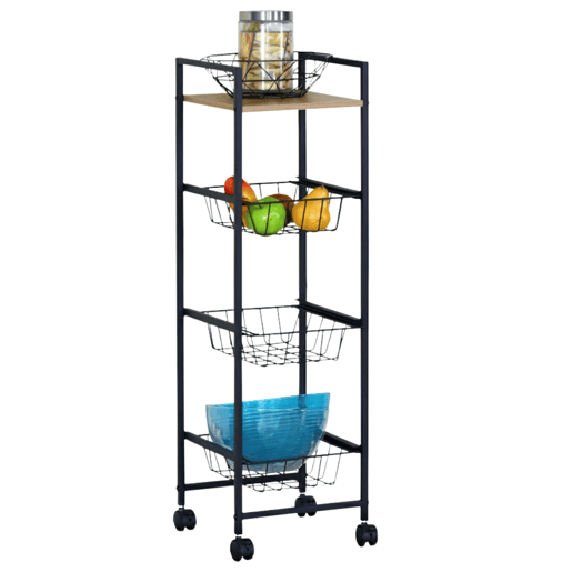 Carrinho de Frutas de Cozinha com 1 Prateleira e 3 Cestos em Madeira Clara e Preto 29x95x30 cm