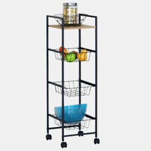 Carrinho de Frutas de Cozinha com 1 Prateleira e 3 Cestos em Madeira Clara e Preto 29x95x30 cm