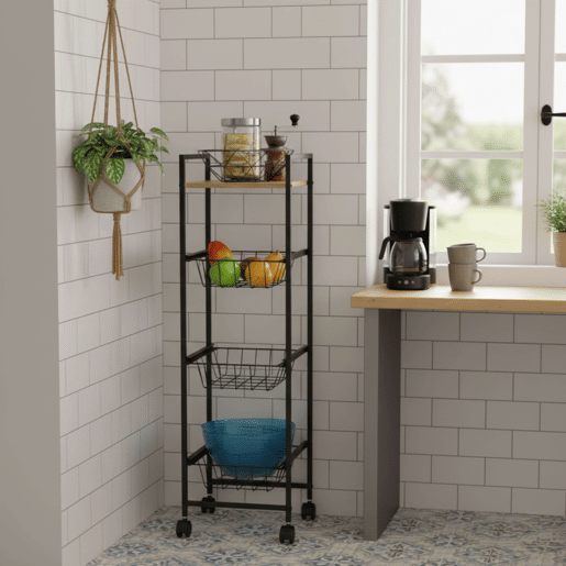 Carrinho de Frutas de Cozinha com 1 Prateleira e 3 Cestos em Madeira Clara e Preto 29x95x30 cm