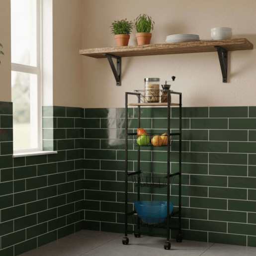 Carrinho de Frutas de Cozinha com 1 Prateleira e 3 Cestos em Madeira Clara e Preto 29x95x30 cm