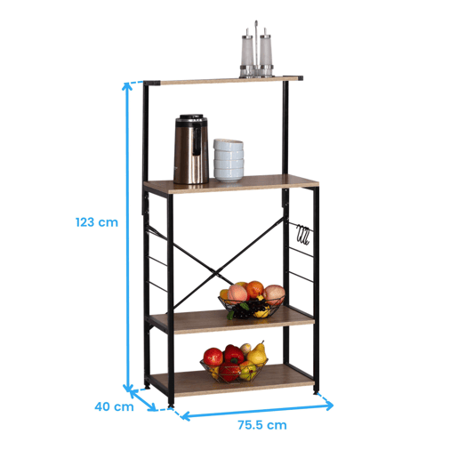 Prateleira para móveis auxiliares de cozinha com 4 prateleiras em carvalho cambriano e melamina preta-metal 76x123x40 cm