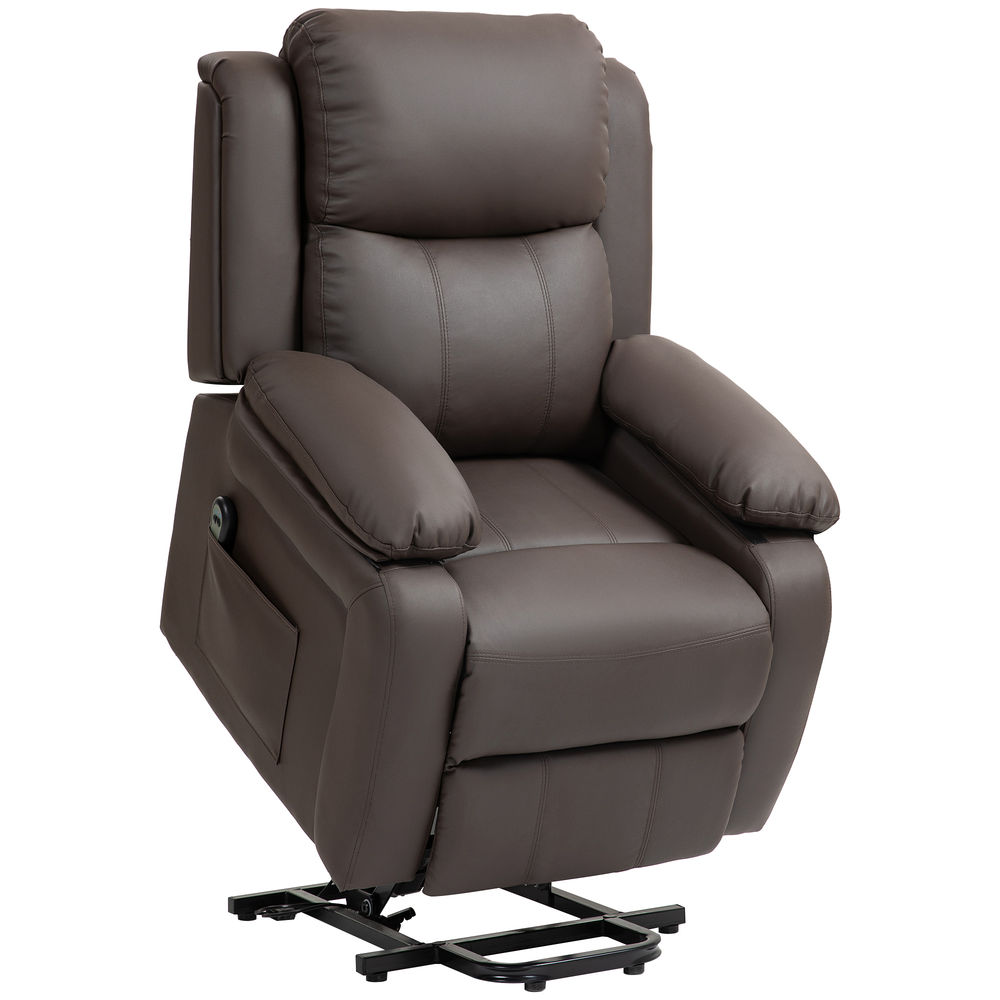 Homcom sillón relax eléctrico reclinable levanta personas, sillón elevador, con respaldo alto, control remoto, reposapiés, acolchado grueso, tapizado en pu, bolsillos laterales, marrón oscuro