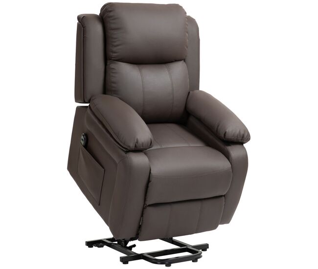 Homcom sillón relax eléctrico reclinable levanta personas, sillón elevador, con respaldo alto, control remoto, reposapiés, acolchado grueso, tapizado en pu, bolsillos laterales, marrón oscuro