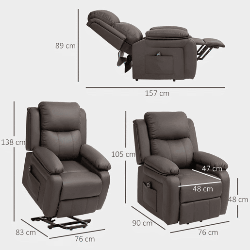 HOMCOM Poltrona Relax Levanta Pessoas com Controle Remoto Reclinação Elétrica de 160° Apoio para os Pés Encosto Estofado em PU e Bolsos Laterais 76x90x105 cm Castanho Escuro