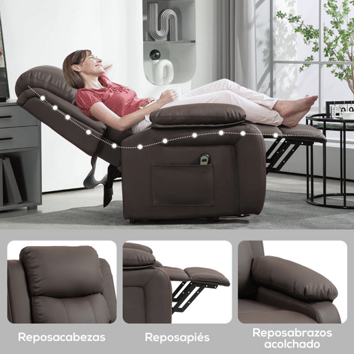 HOMCOM Poltrona Relax Levanta Pessoas com Controle Remoto Reclinação Elétrica de 160° Apoio para os Pés Encosto Estofado em PU e Bolsos Laterais 76x90x105 cm Castanho Escuro