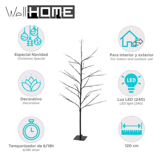 Well Home Árvore marrom de 120 cm com 240 luzes LED brancas quentes