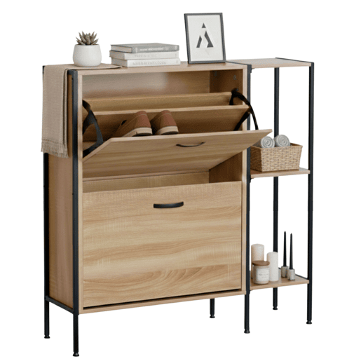 Sapateira de corredor modelo Cambrian Estancia Hall em carvalho Cambriano e preto com 2 portas e 2 prateleiras, 88x87x24 cm