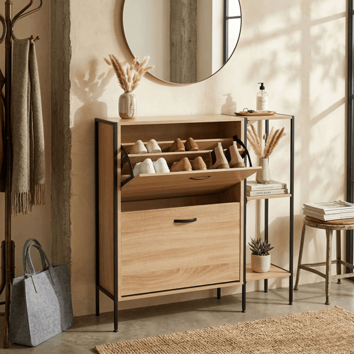 Sapateira de corredor modelo Cambrian Estancia Hall em carvalho Cambriano e preto com 2 portas e 2 prateleiras, 88x87x24 cm