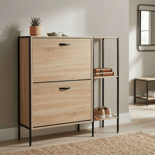 Sapateira de corredor modelo Cambrian Estancia Hall em carvalho Cambriano e preto com 2 portas e 2 prateleiras, 88x87x24 cm