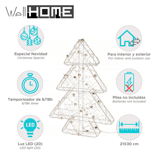Árvore de Natal metálica dourada Well Home com 20 luzes LED brancas quentes 30x21x4cm