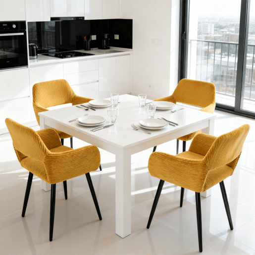 Cadeiras De Jantar Estofadas Em Tecido De Veludo Canelado Amarelo Com Pernas Metálicas Pretas Estilo Escandinavo Conjunto De 4 Ideal Para Sala Cozinha Ou Escritório Moderno