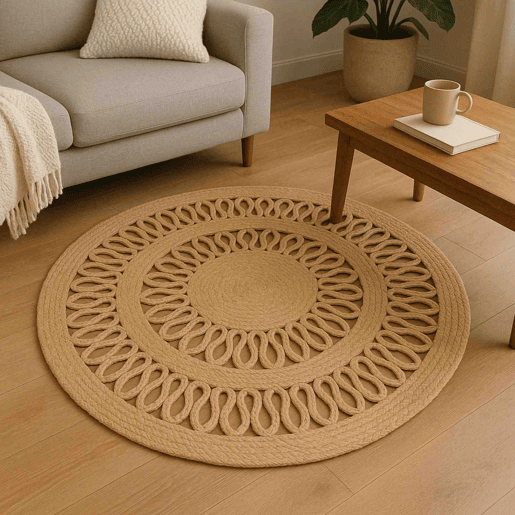 Tapete redondo de juta trançada - design vazado de 2 linhas 90 cm