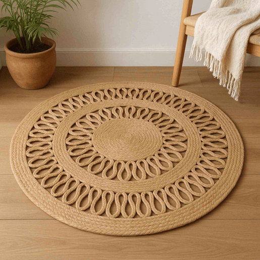 Tapete redondo de juta trançada - design vazado de 2 linhas 90 cm