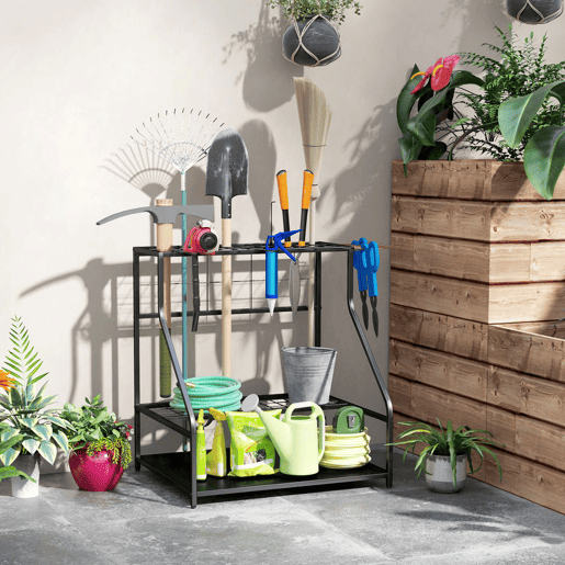 Outsunny Organizador de Ferramentas de Jardim Estante de Armazenamento de 3 Níveis para Garagem com Ganchos para Pás Ancinhos Vassouras Suporte de Metal 84x53x73 cm Preto