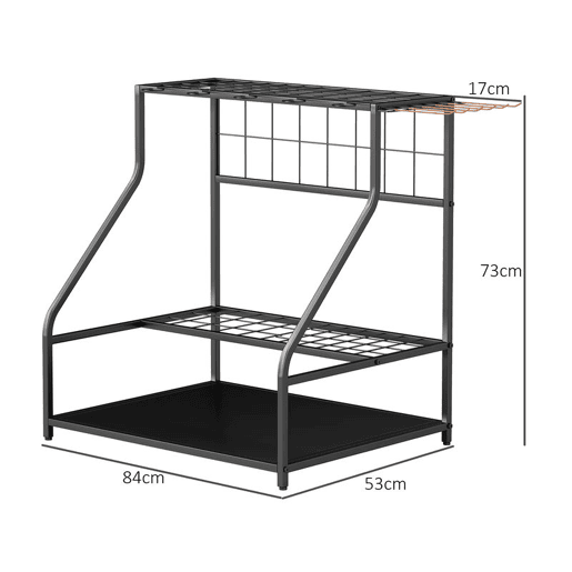 Outsunny Organizador de Ferramentas de Jardim Estante de Armazenamento de 3 Níveis para Garagem com Ganchos para Pás Ancinhos Vassouras Suporte de Metal 84x53x73 cm Preto
