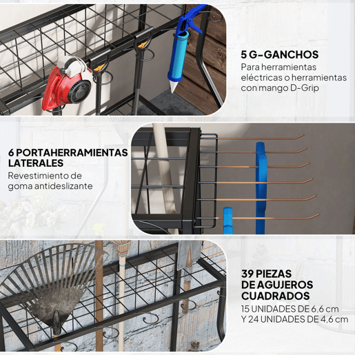 Outsunny Organizador de Ferramentas de Jardim Estante de Armazenamento de 3 Níveis para Garagem com Ganchos para Pás Ancinhos Vassouras Suporte de Metal 84x53x73 cm Preto