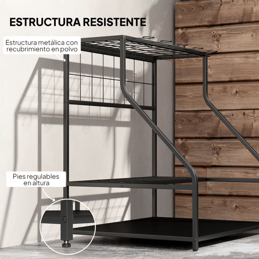 Outsunny Organizador de Ferramentas de Jardim Estante de Armazenamento de 3 Níveis para Garagem com Ganchos para Pás Ancinhos Vassouras Suporte de Metal 84x53x73 cm Preto