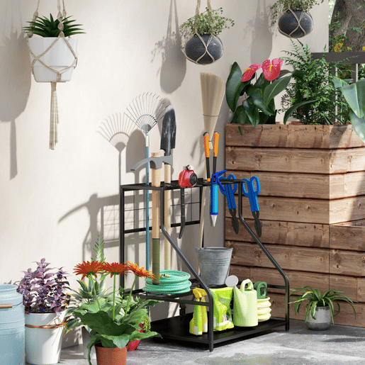 Outsunny Organizador de Ferramentas de Jardim Estante de Armazenamento de 3 Níveis para Garagem com Ganchos para Pás Ancinhos Vassouras Suporte de Metal 84x53x73 cm Preto