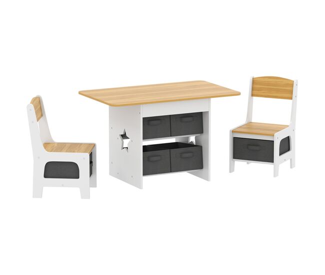 Aiyaplay mesa infantil con 2 sillas, mesa y sillas infantil con 6 cajones de tela, diseño estrellas, para niños y niñas de 3-8 años, para hogar, guardería, aulas, natural
