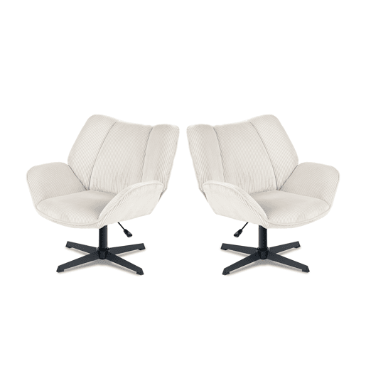 Conjunto De 2 Poltronas Giratórias Estofadas Em Veludo Canelado Bege Com Altura Ajustável E Base Metálica Preta Estilo Escandinavo Ideal Para Escritório Ou Sala Moderna