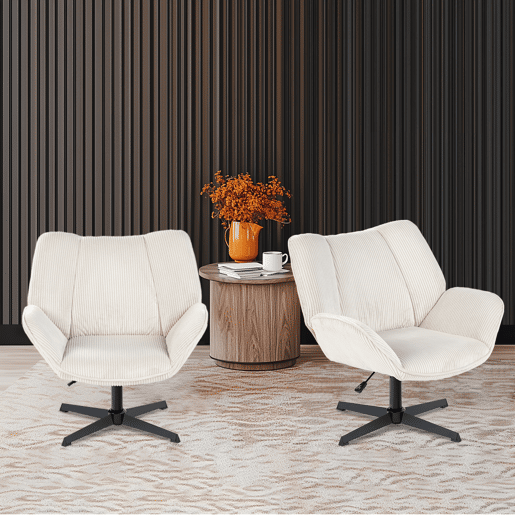 Conjunto De 2 Poltronas Giratórias Estofadas Em Veludo Canelado Bege Com Altura Ajustável E Base Metálica Preta Estilo Escandinavo Ideal Para Escritório Ou Sala Moderna