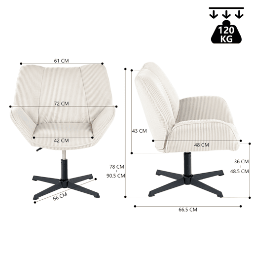 Conjunto De 2 Poltronas Giratórias Estofadas Em Veludo Canelado Bege Com Altura Ajustável E Base Metálica Preta Estilo Escandinavo Ideal Para Escritório Ou Sala Moderna