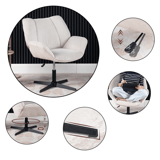 Conjunto De 2 Poltronas Giratórias Estofadas Em Veludo Canelado Bege Com Altura Ajustável E Base Metálica Preta Estilo Escandinavo Ideal Para Escritório Ou Sala Moderna