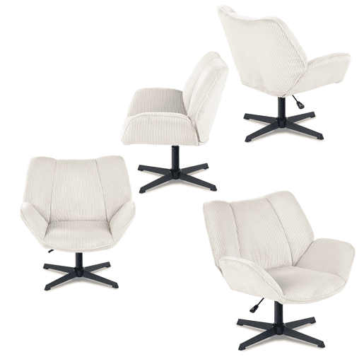 Conjunto De 4 Poltronas Giratórias Estofadas Em Veludo Canelado Bege Com Altura Ajustável E Base Metálica Preta Estilo Escandinavo Ideal Para Sala Ou Escritório Moderno