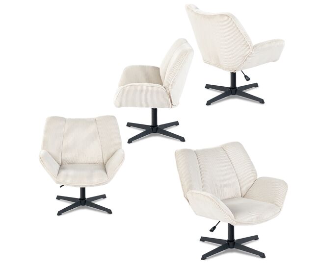 Set de 4 sillones giratorios tapizados en tela de pana beige con altura ajustable y base metálica negra estilo escandinavo ideal para oficina o salón