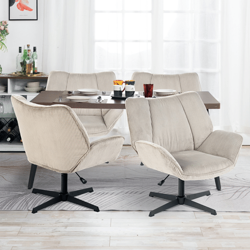 Conjunto De 4 Poltronas Giratórias Estofadas Em Veludo Canelado Bege Com Altura Ajustável E Base Metálica Preta Estilo Escandinavo Ideal Para Sala Ou Escritório Moderno