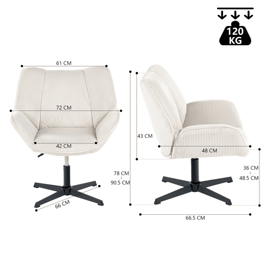 Conjunto De 4 Poltronas Giratórias Estofadas Em Veludo Canelado Bege Com Altura Ajustável E Base Metálica Preta Estilo Escandinavo Ideal Para Sala Ou Escritório Moderno