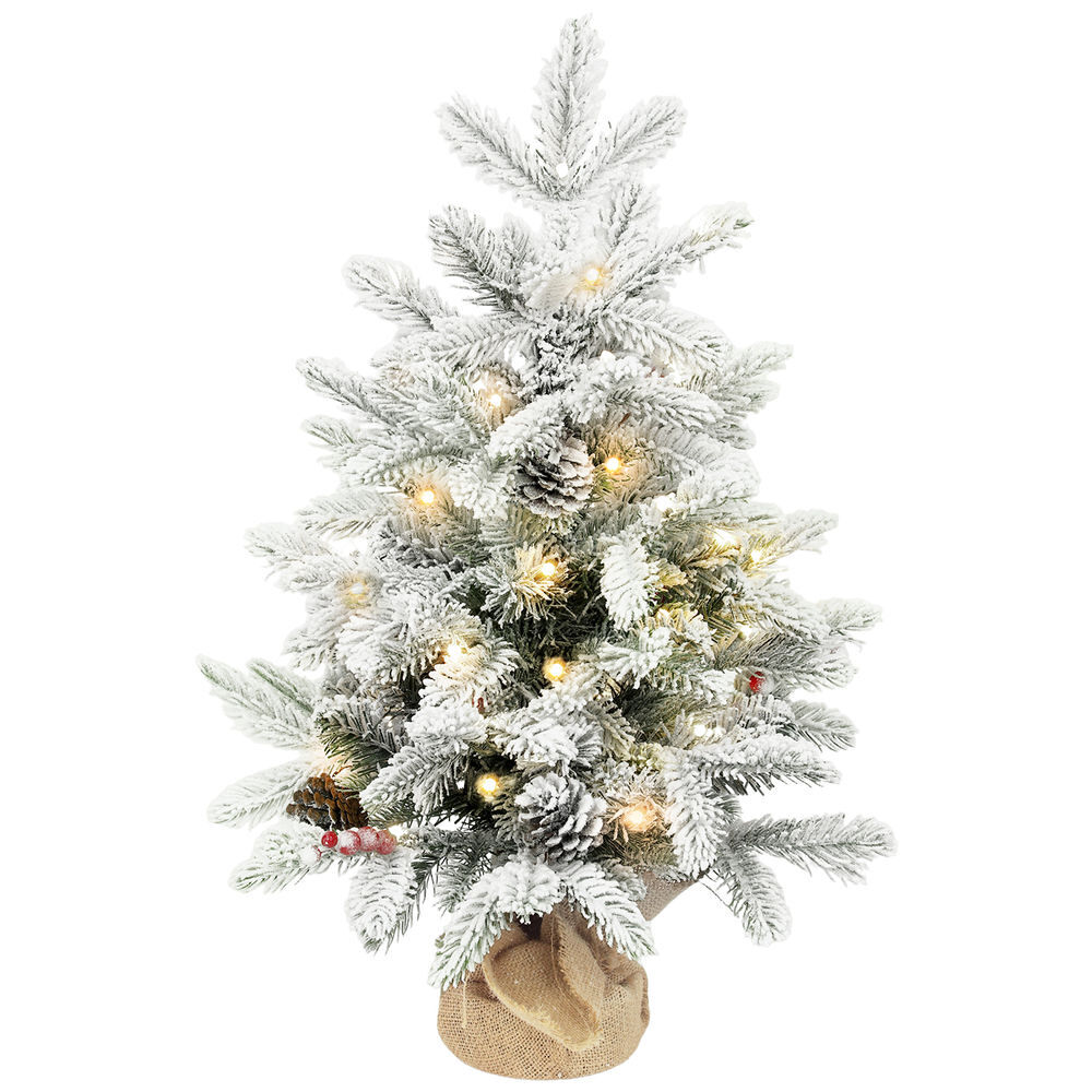 Homcom árbol de navidad con 35 luces led, 60 cm, mini árbol de navidad artificial con 182 ramas densas con nieve, piñas, bayas y base de arpillera, decoración navideña de mesa para casa, oficina verde