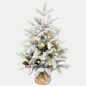 HOMCOM Árvore de Natal com 35 Luzes LED 60 cm Mini Árvore de Natal Artificial com 182 Ramos com Neve Pinhas Bagas e Base de Saco de Juta Decoração de Natal de Mesa para Casa Escritório Verde