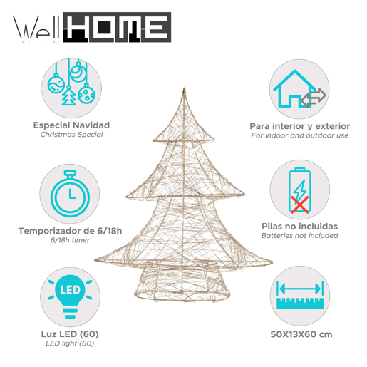 Árvore Decorativa Luminosa Well Home em Dourado com 60 Micro LEDs Branco Quente 60x50x13cm