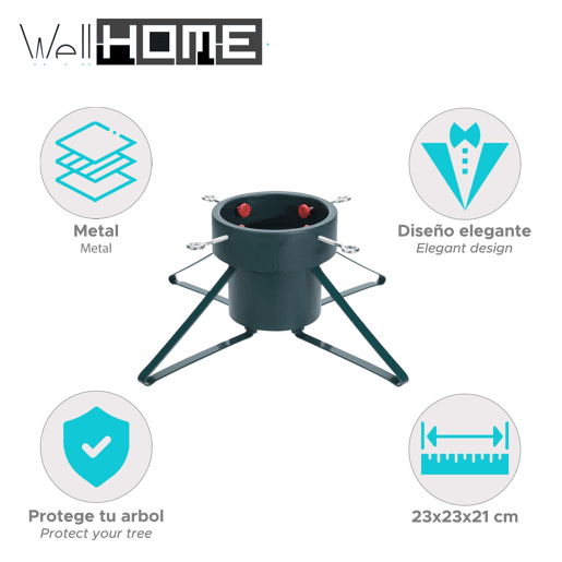 Suporte para árvore de Natal Well Home Green com pernas de metal e reservatório de água - 21,6 x 57 x 57 cm