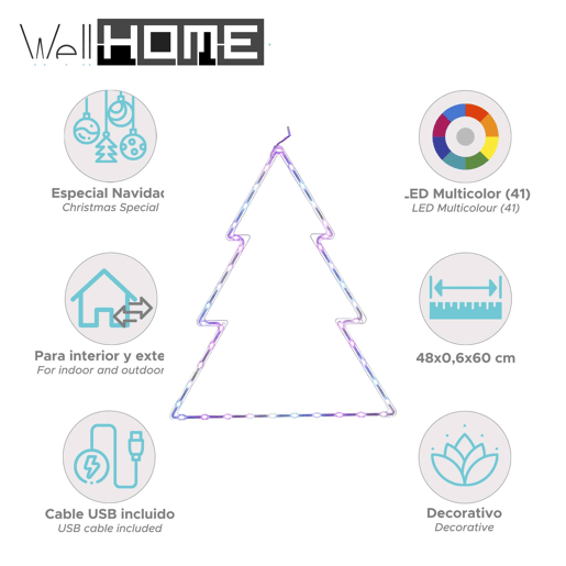 Iluminação para árvore de Natal Well Home com 41 luzes LED RGB com controlador 60x48x0,6 cm