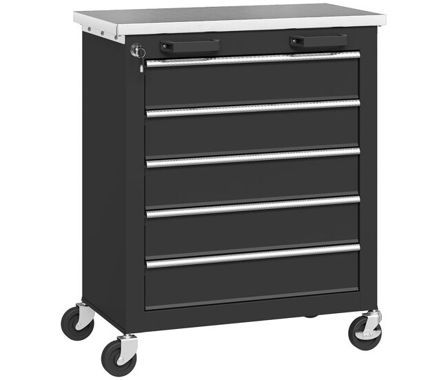 Homcom carro de herramientas con 5 cajones y cerradura, carro de taller con ruedas con freno y encimera de acero inoxidable, caja de herramientas con conectores laterales, para garaje, negro y plata