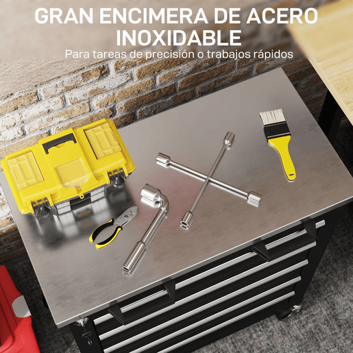 HOMCOM Carrinho de Ferramentas com 5 Gavetas e Fecho Carrinho de Oficina com Rodas com Travão e Bancada em Aço Inoxidável Caixa de Ferramentas com Conectores Laterais para Garagem Preto e Prateado