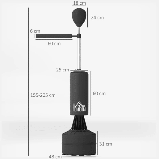 HOMCOM Punching Ball de Boxe com Altura Ajustável com Barra Giratória 360° e Base Preenchida Punching Ball para Boxe 88x48x155-205 cm Preto